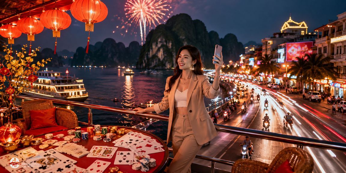 Người chơi thưởng thức trò chơi bài casino neon về đêm tại vịnh Hạ Long
